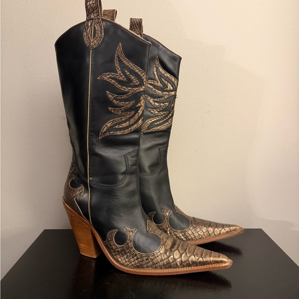 Para Raio Vintage Western Black and Gold Metallic Leather Cowboy boot Sz 9